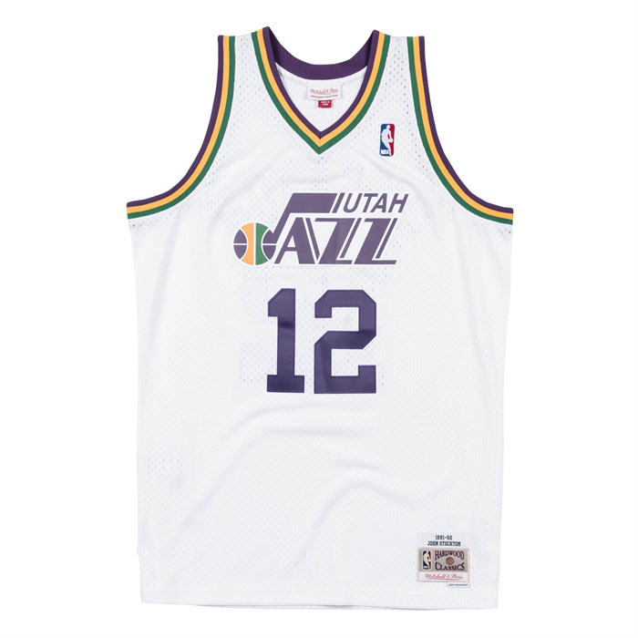 Camiseta Utah Jazz John Stockton NO 12 Mitchell & Ness 1991-92 Blanco